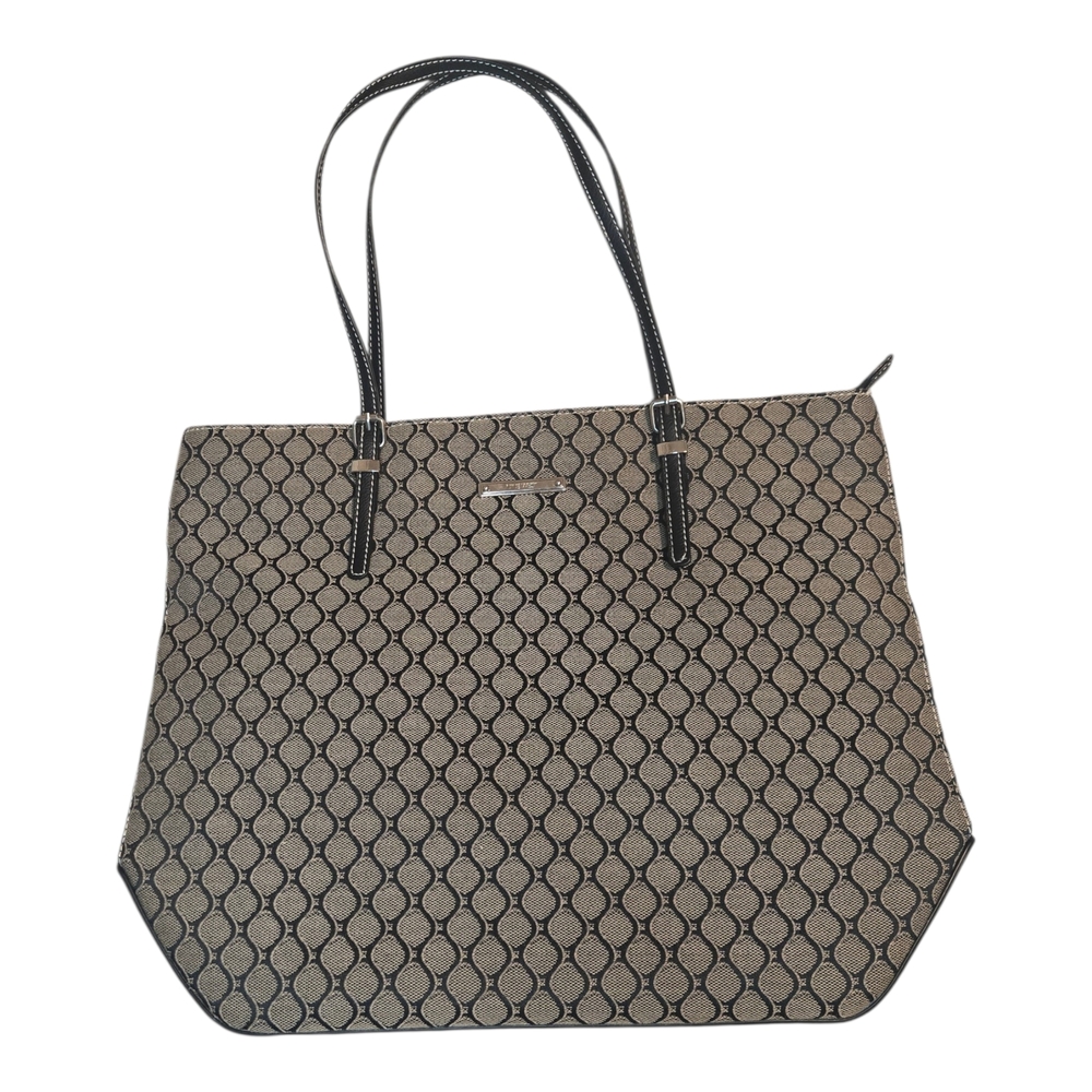 Large Tote Bag Elegant Prints Canvas Black Leather Zipper Top